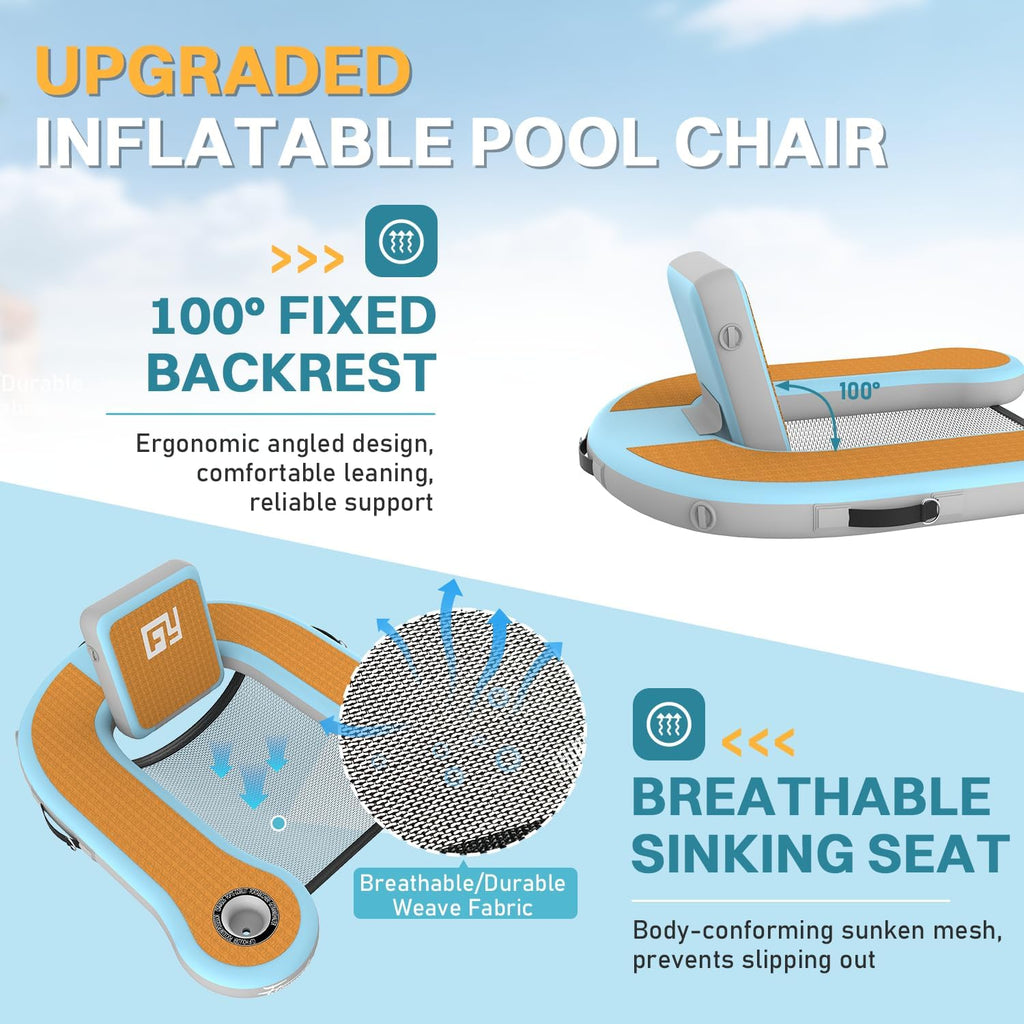 Adults Inflatable Pool Float Chair, Floating Lounger with Cup Holder, 100° Fixed Backrest, Breathable & Sinking Mesh