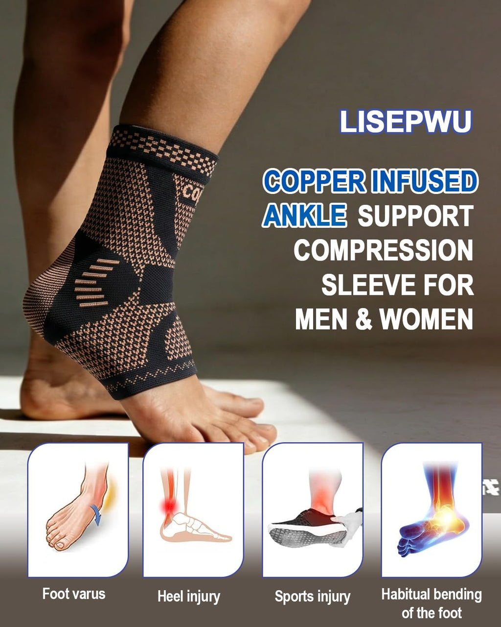 Copper Ankle Brace for Men & Women, Ankle Compression Sleeve 1 Pair