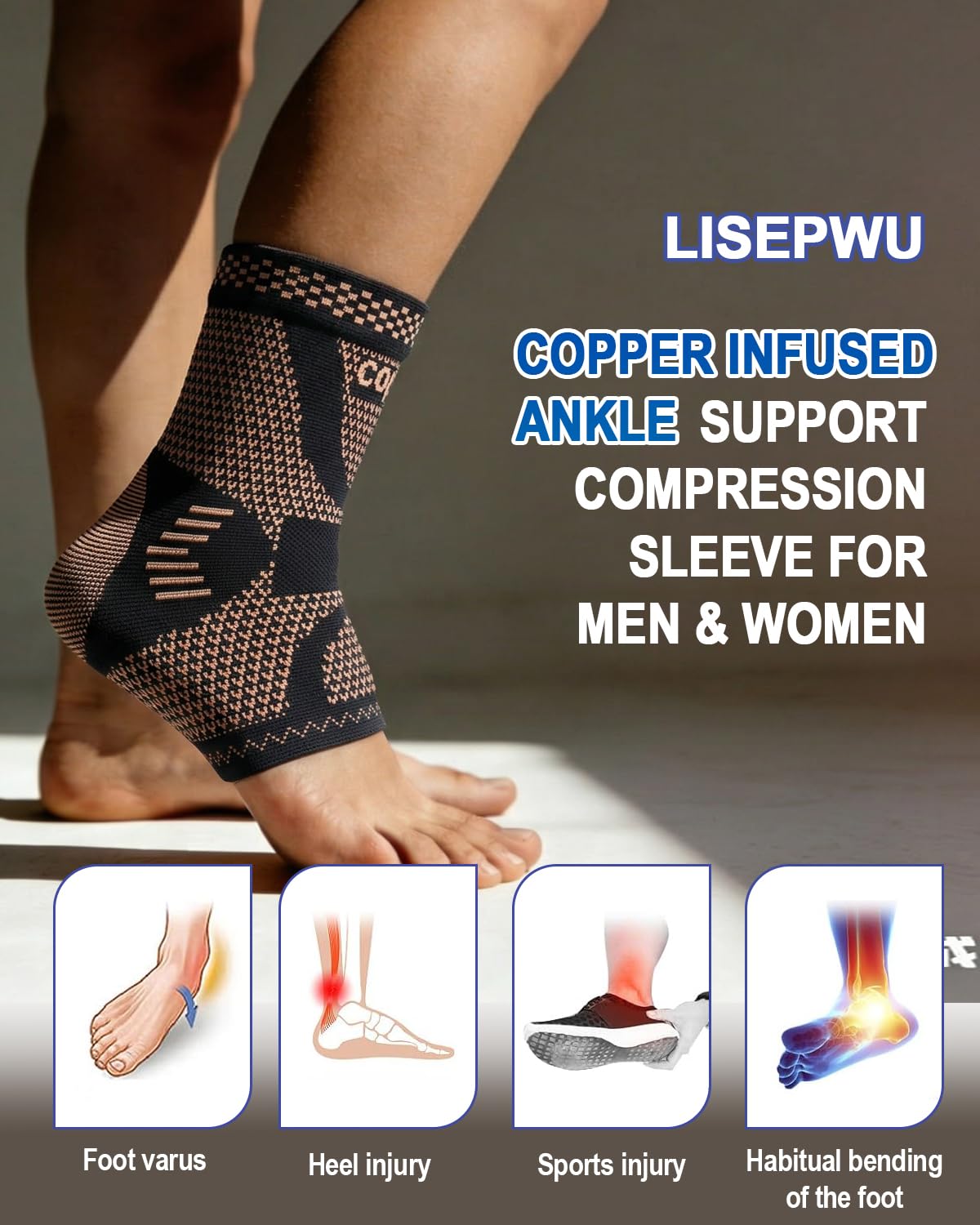 Copper Ankle Brace for Men & Women, Ankle Compression Sleeve 1 Pair