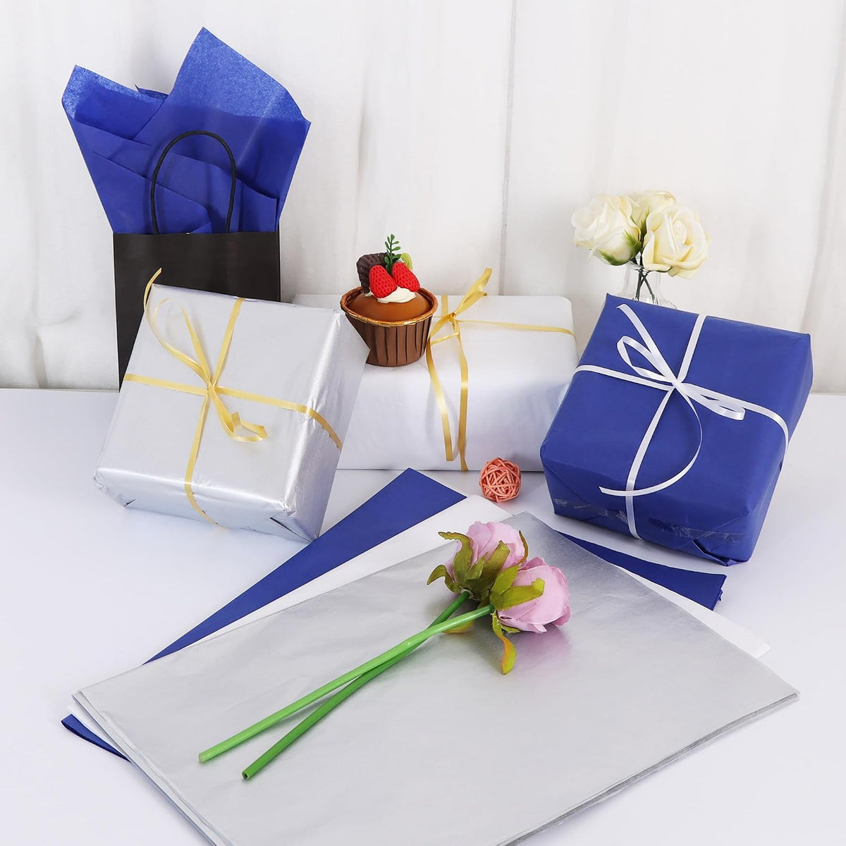90 Sheets Blue White Silver Tissue Paper Bulk for Gift Wrapping