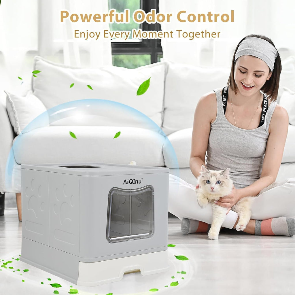 XLarge 80L Foldable Cat Litter Box with Lid, Top Exit & Front Entry Kitty Litter Box, Includes Litter Mat & Scoop