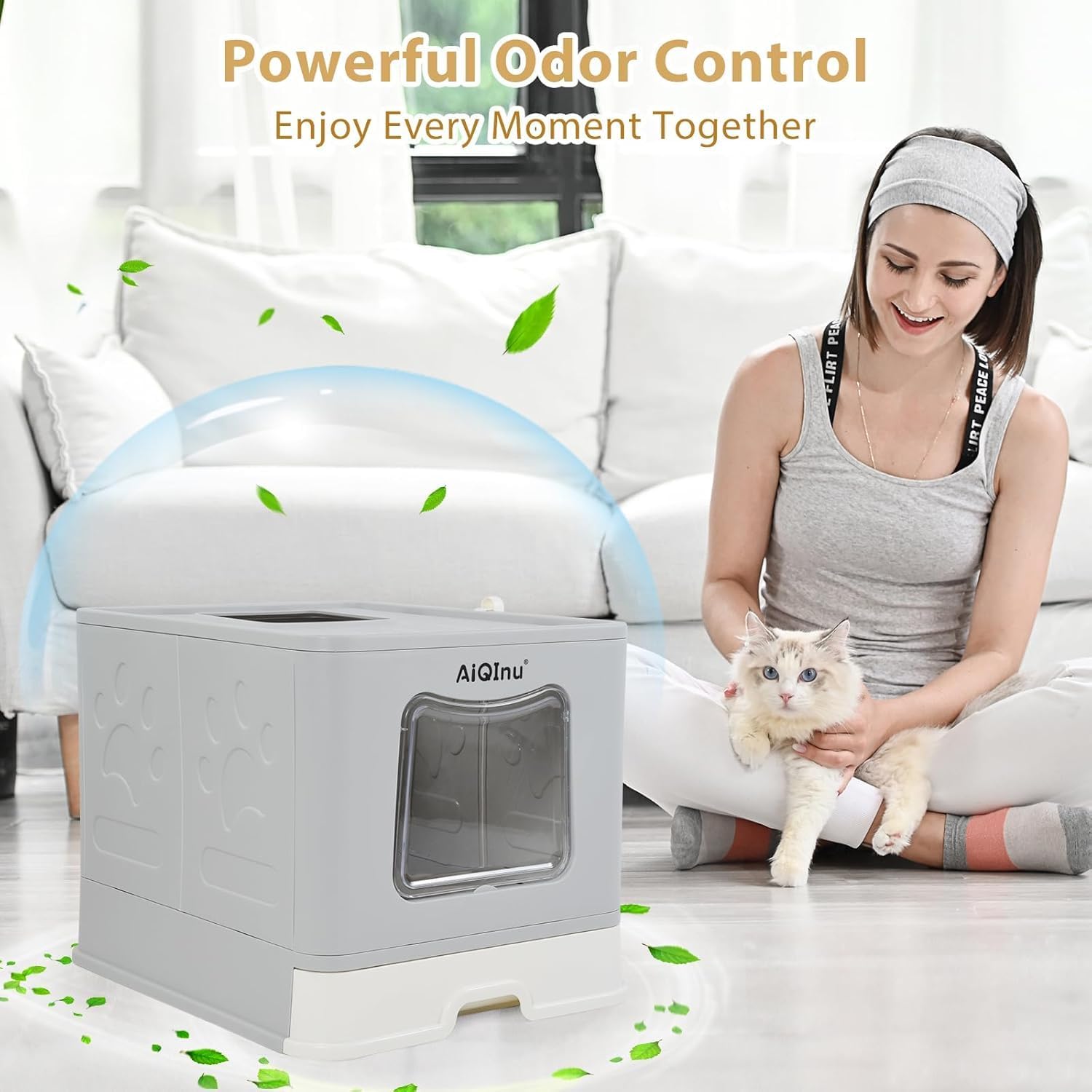 XLarge 80L Foldable Cat Litter Box with Lid, Top Exit & Front Entry Kitty Litter Box, Includes Litter Mat & Scoop