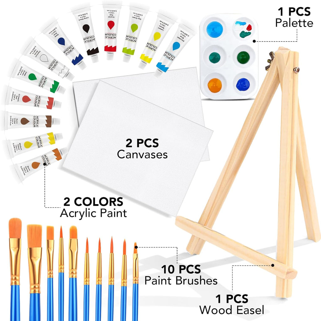 26 PCS Acrylic Paint Set with 12 Colors Acrylic Paints (12ml, 0.4 oz), 10 Paint Brushes, 2 Canvas, 1 Wood Easel, 1