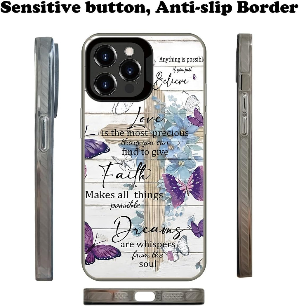 Cute Butterfly Flower Cross Wood Grain Case for iPhone 13 Pro Max | Creative Designs for Women Girls Shockproof