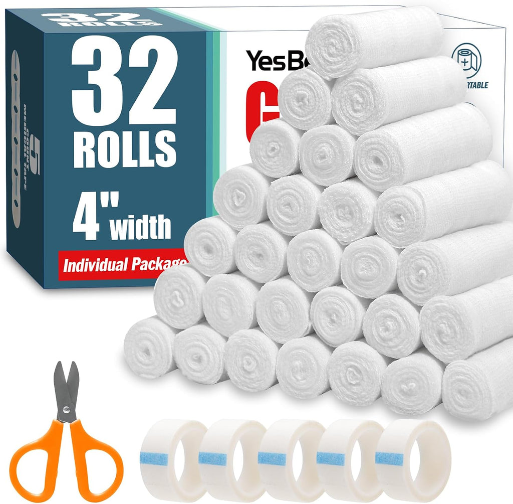 32 Pack Gauze Rolls, 4 in x 4.1 Yards, Premium Gauze Wrap Roll for Wounds, Bandage Wrap Rolled Gauzes, Mummy Wraps