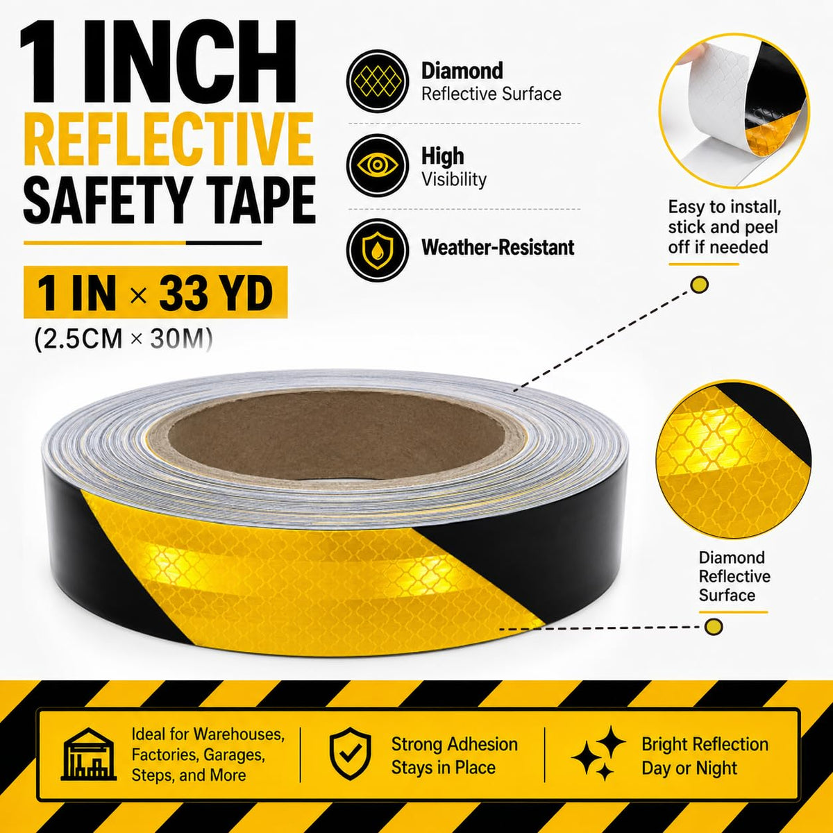 Black & Yellow Tape Roll(1in*33YD) Safety Stripe Waring Tape.Self Adhesive Hazard Tape with Diamond Reflective