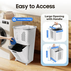 2 Tier Laundry Basket with Wheels & Handle, White Laundry Hamper Plastic 2 Section Laundry Sorter Floor-Standing