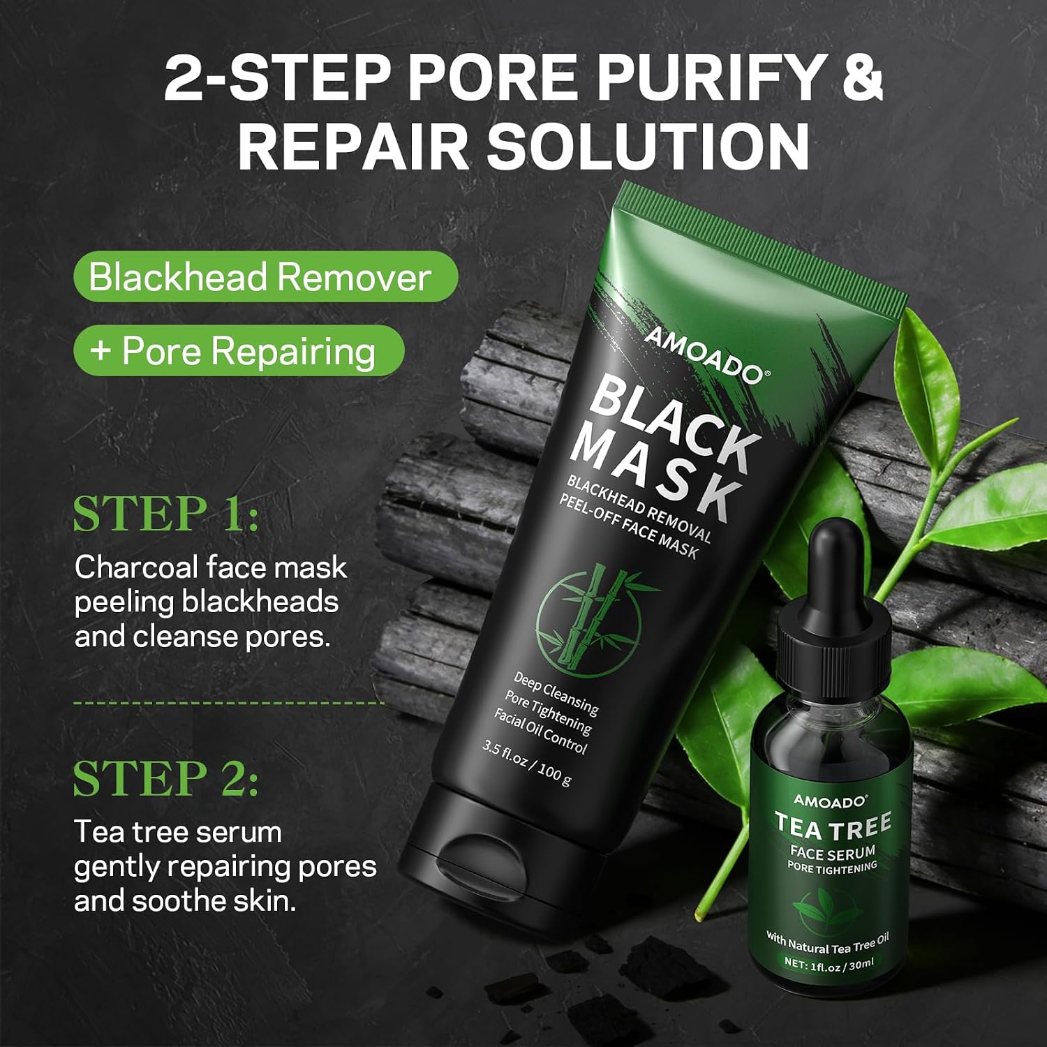 Blackhead Remover Peel Off Face Mask, Black Mask & Tea Tree Oil Serum Duo Set, 2-in-1 Deep Cleansing and Pore