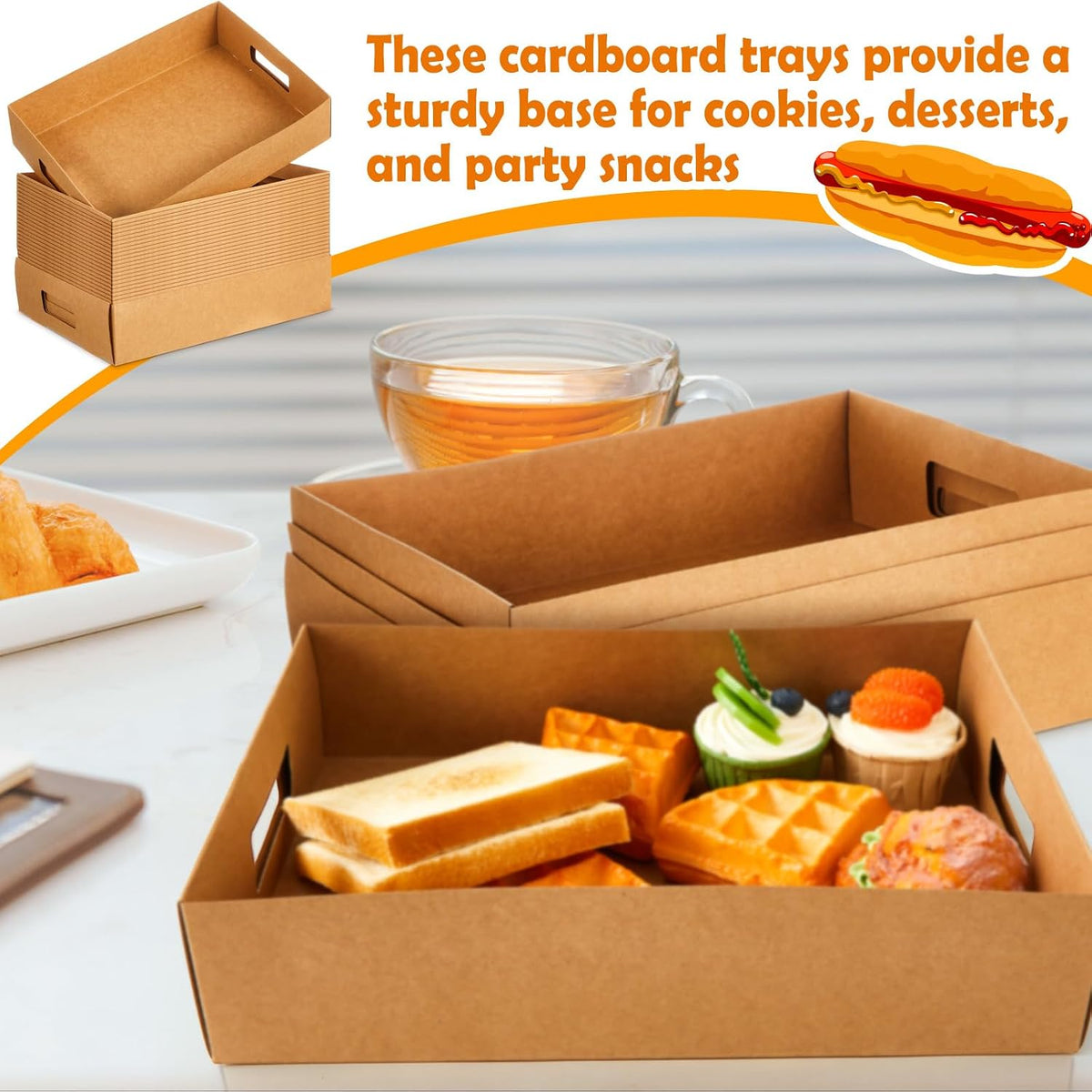 50 Pack Cardboard Disposable Food Trays, Brown, 13" X 9" X 3"