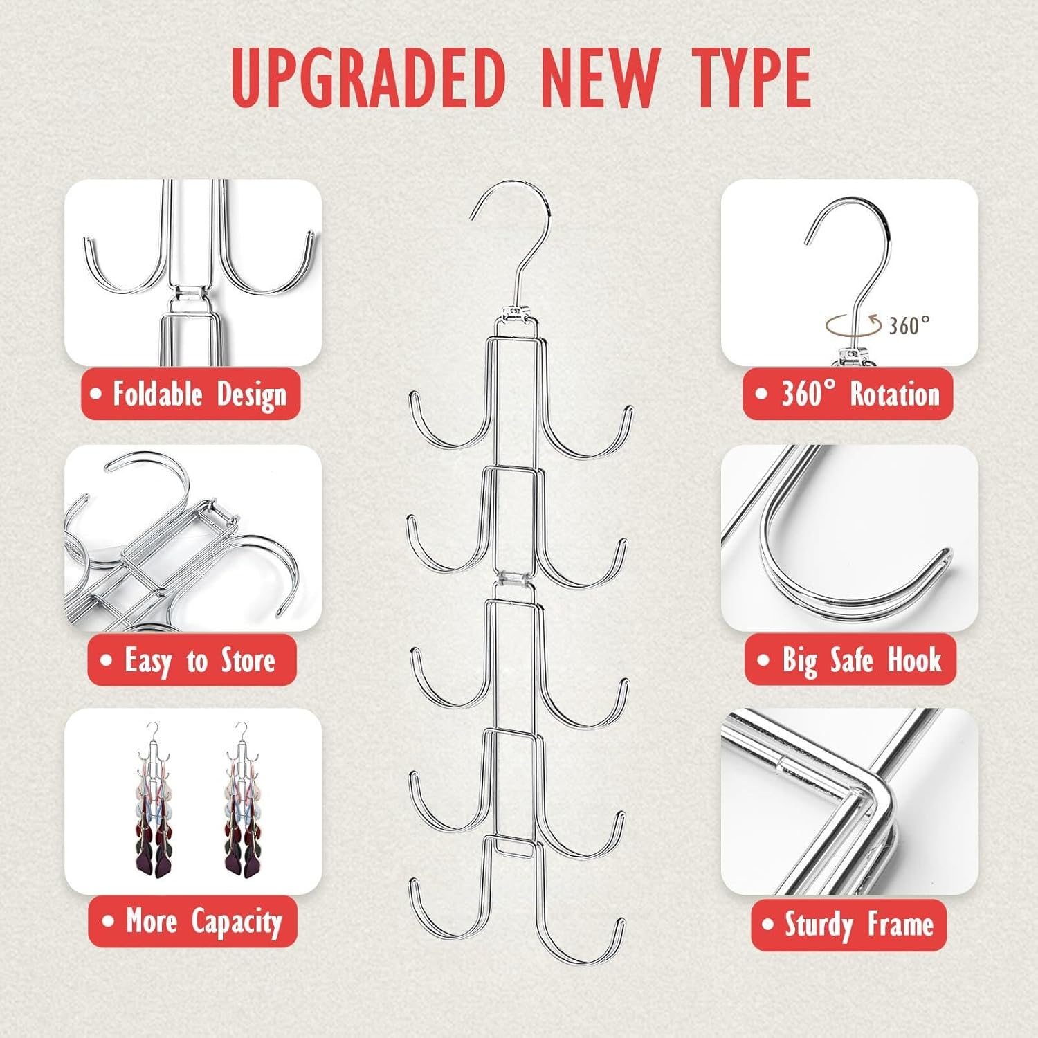 Tank Top Hanger: Collapsible Metal Bra Organizer for Closet with 10 Large Hooks - Holds Up to 40 Garments - Rotatable