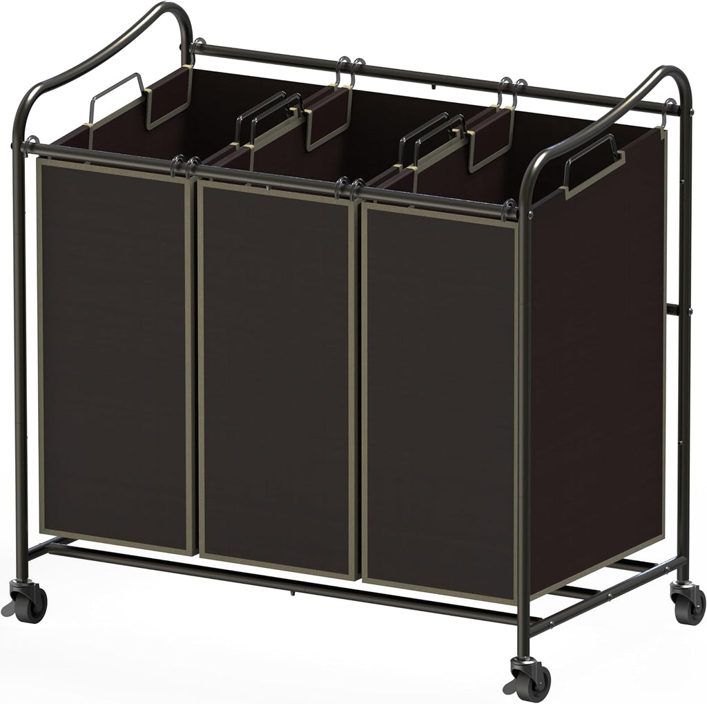 Heavy Duty 3-Bag Laundry Sorter Rolling Cart, Bronze | Removable Bags and Lockable Wheels for Laundry Room Organization