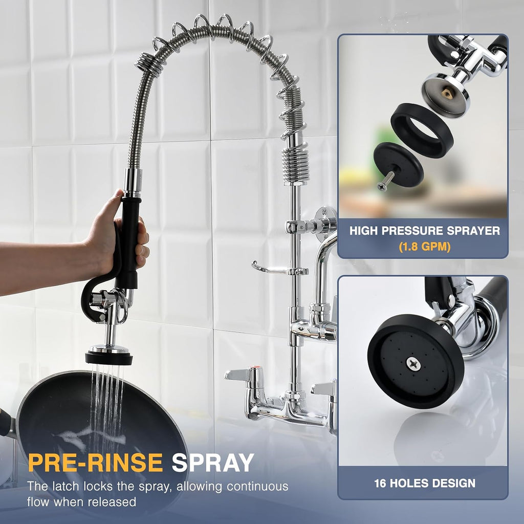 25" Commercial Sink Faucet Wall Mount with Pre-Rinse Sprayer
