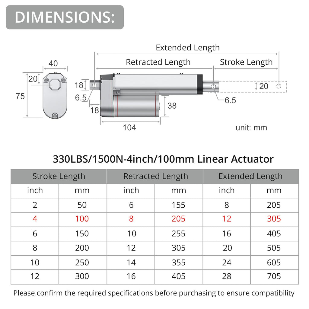Justech 330 LBS/1500N-4inch/100mm 12V Linear Actuator, Heavy-Duty Actuator