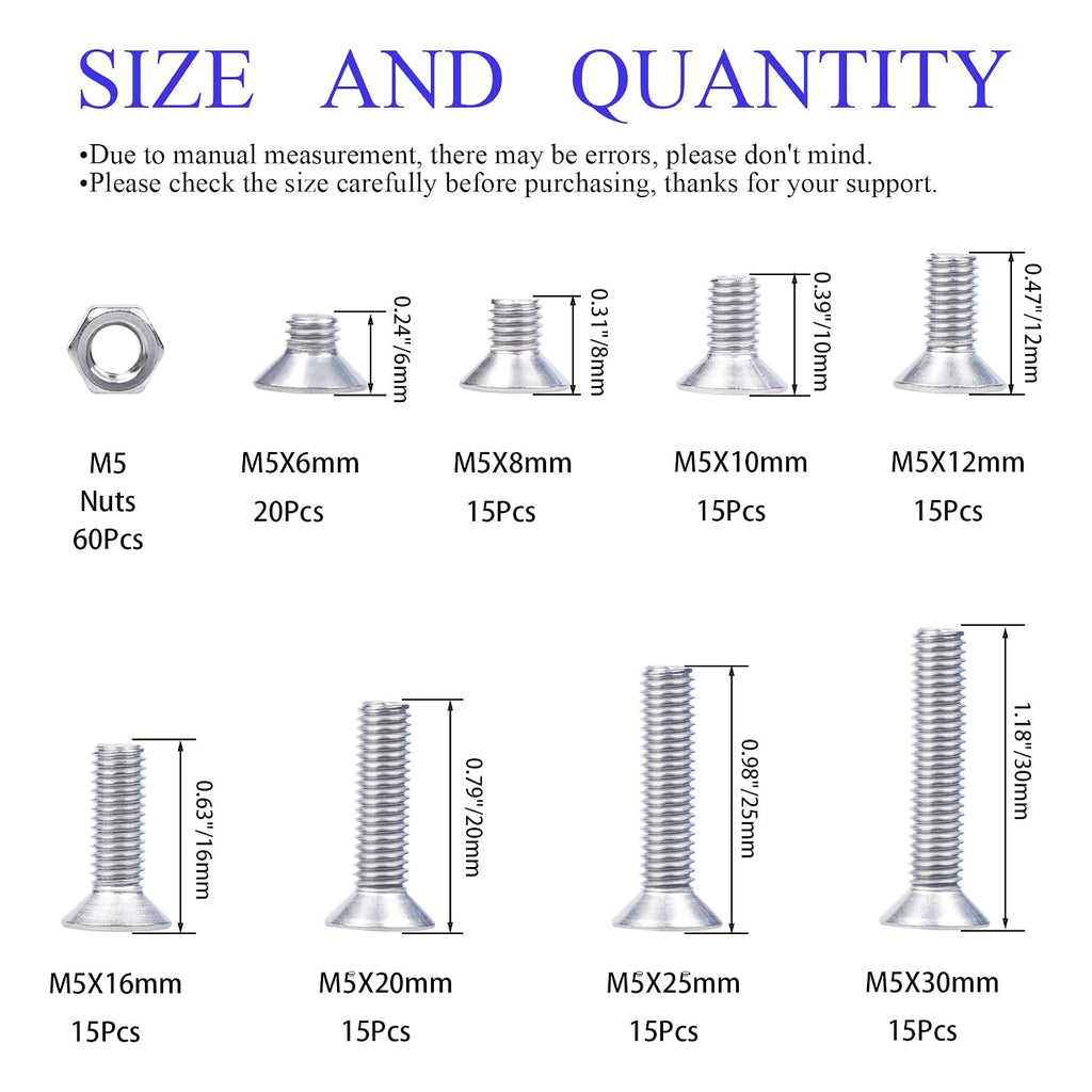 M5 Flat Head Socket Cap Screw Kit, Countersunk Allen Bolts and Hex Nuts
