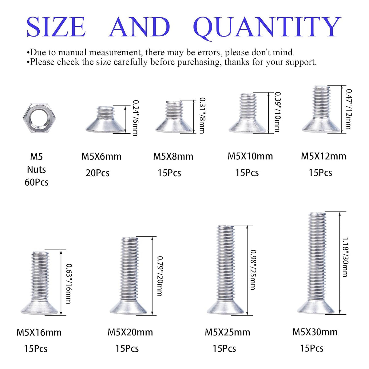 M5 Flat Head Socket Cap Screw Kit, Countersunk Allen Bolts and Hex Nuts