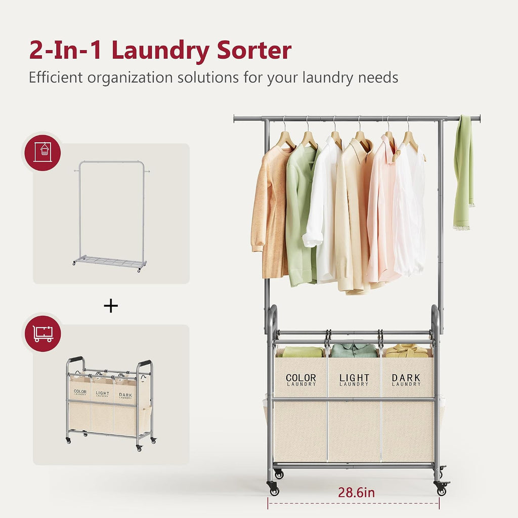 Laundry Hamper with Hanging Rack, Laundry Sorter 3 Section, Beige | 39 Gal Rolling Laundry Cart with Heavy Duty