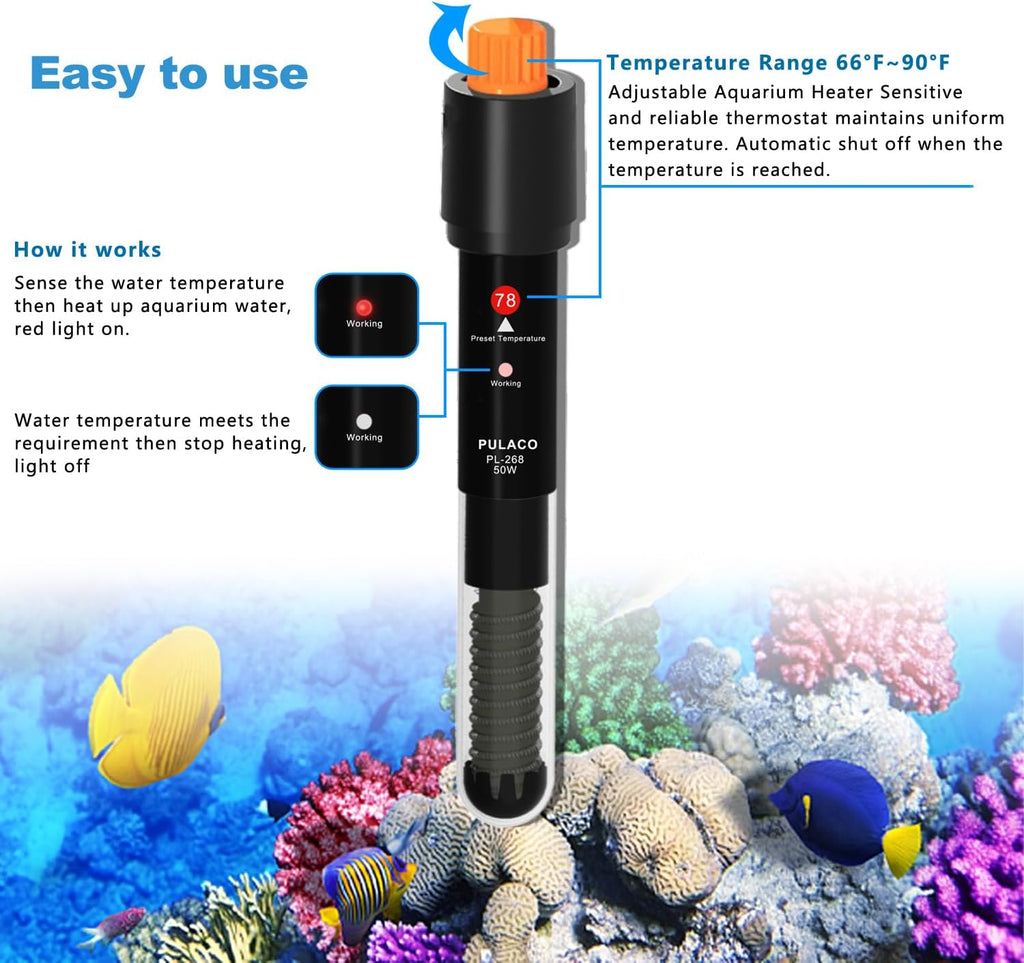 50Watt Aquarium Heater for 6-15 Gallon Fish Tank, Adjustable Submersible Heater Thermostat with Thermometer Strip and