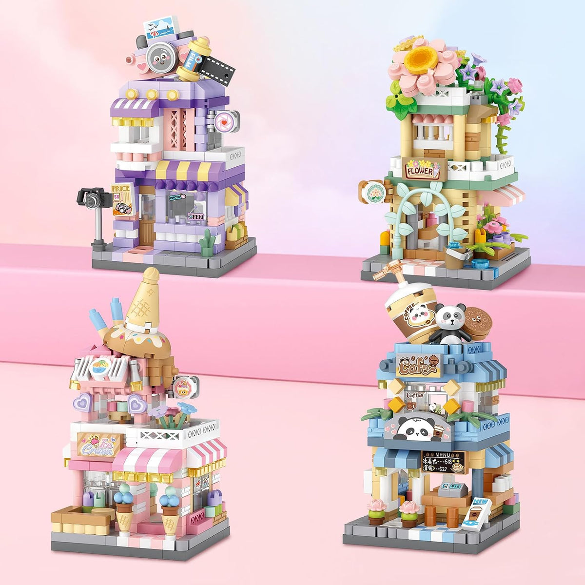 4 Mini City Shop Street View Building Blocks Model Set,Simulation Architecture Collection Particle Construction