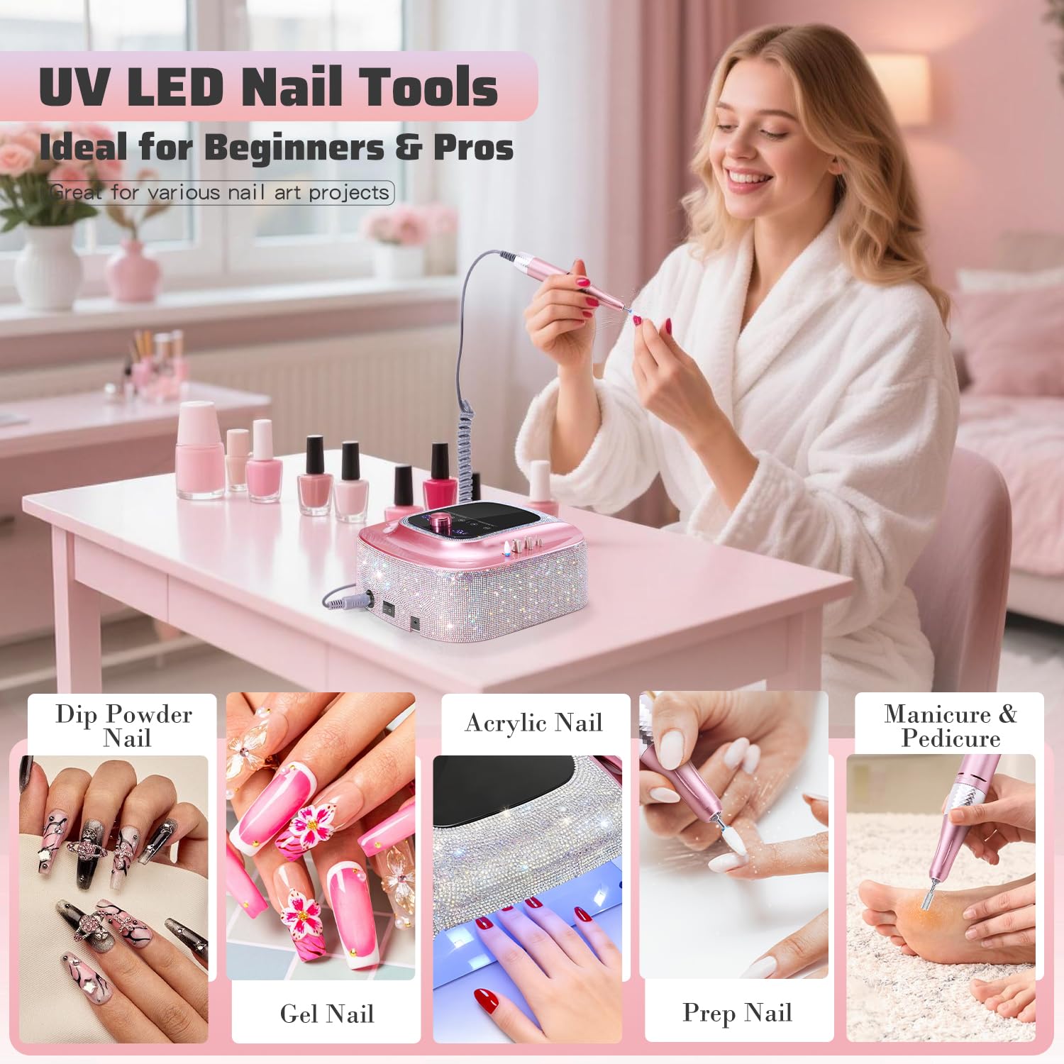 2-in-1 UV Nail Lamp Electric Nail Drill Kit, Cordless UV Light for Gel Nail | Rechargeable Fast Curing Lamp for All