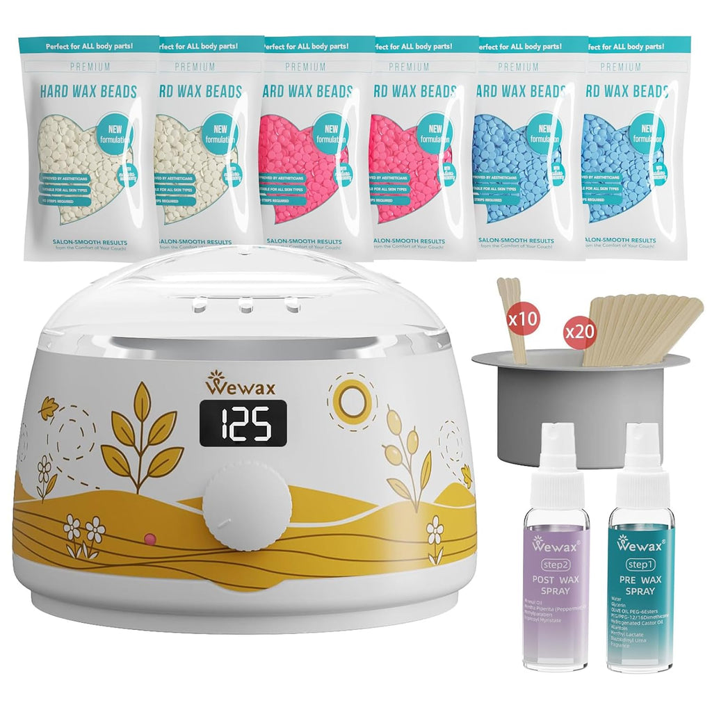 Waxing Kit for Women, Wax Warmer for Hair Removal 6 Bags Hard Wax Beads | 6 packs of 50g, 3 Formulas Hard Wax Beans