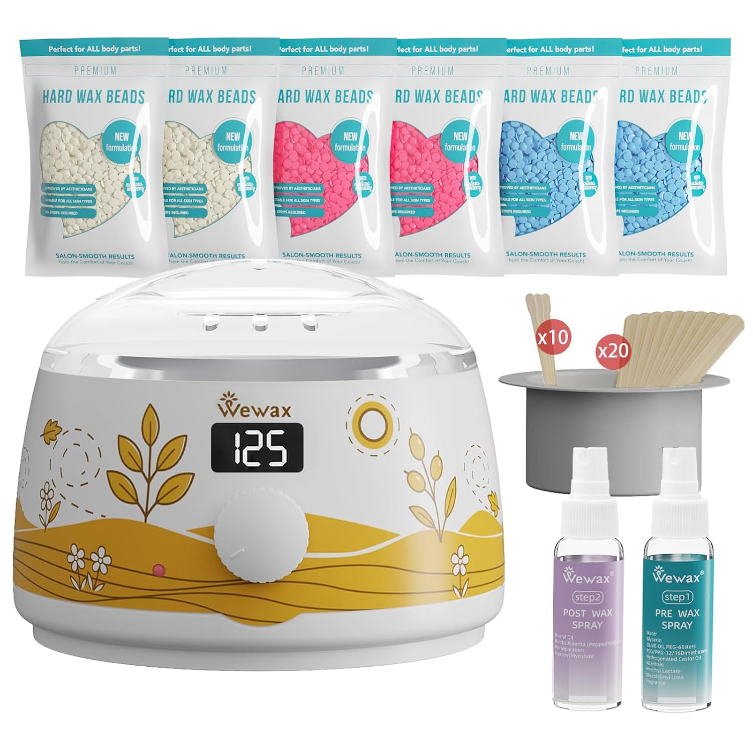 Waxing Kit for Women, Wax Warmer for Hair Removal 6 Bags Hard Wax Beads | 6 packs of 50g, 3 Formulas Hard Wax Beans