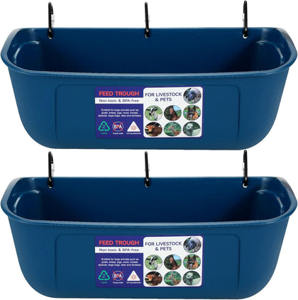 Large Feed Trough, Hanging or Screw-in, 2 Pack 9 Quart, Blue | With Clips and Screw, Goat Feeder Supplies, Dog Horse