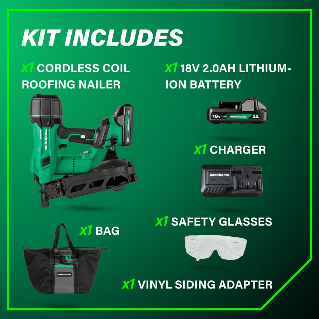 Metabo HPT Roofing Nailer, 18V MultiVolt Brushless, Coil Kit, NV1845DA