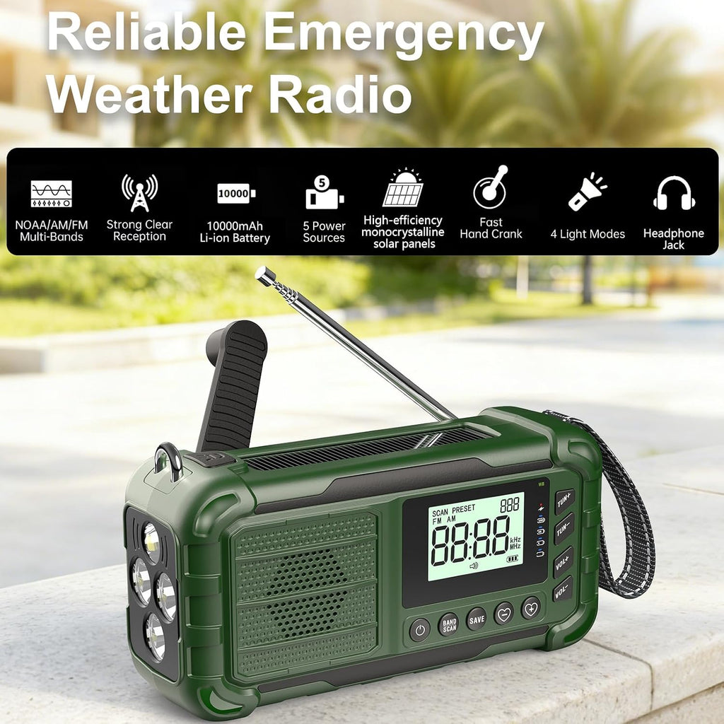 NOAA Weather Radio Emergency, 10000mAh Solar Hand Crank Radio | Replaceable Battery, AM/FM Battery Operated, USB-C