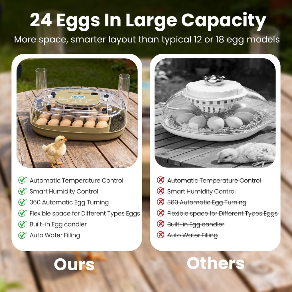 Incubators for Hatching Eggs,24 Eggs Capacity with Automatic Turning, Accurate Temp & Humidity Control, Egg Candler