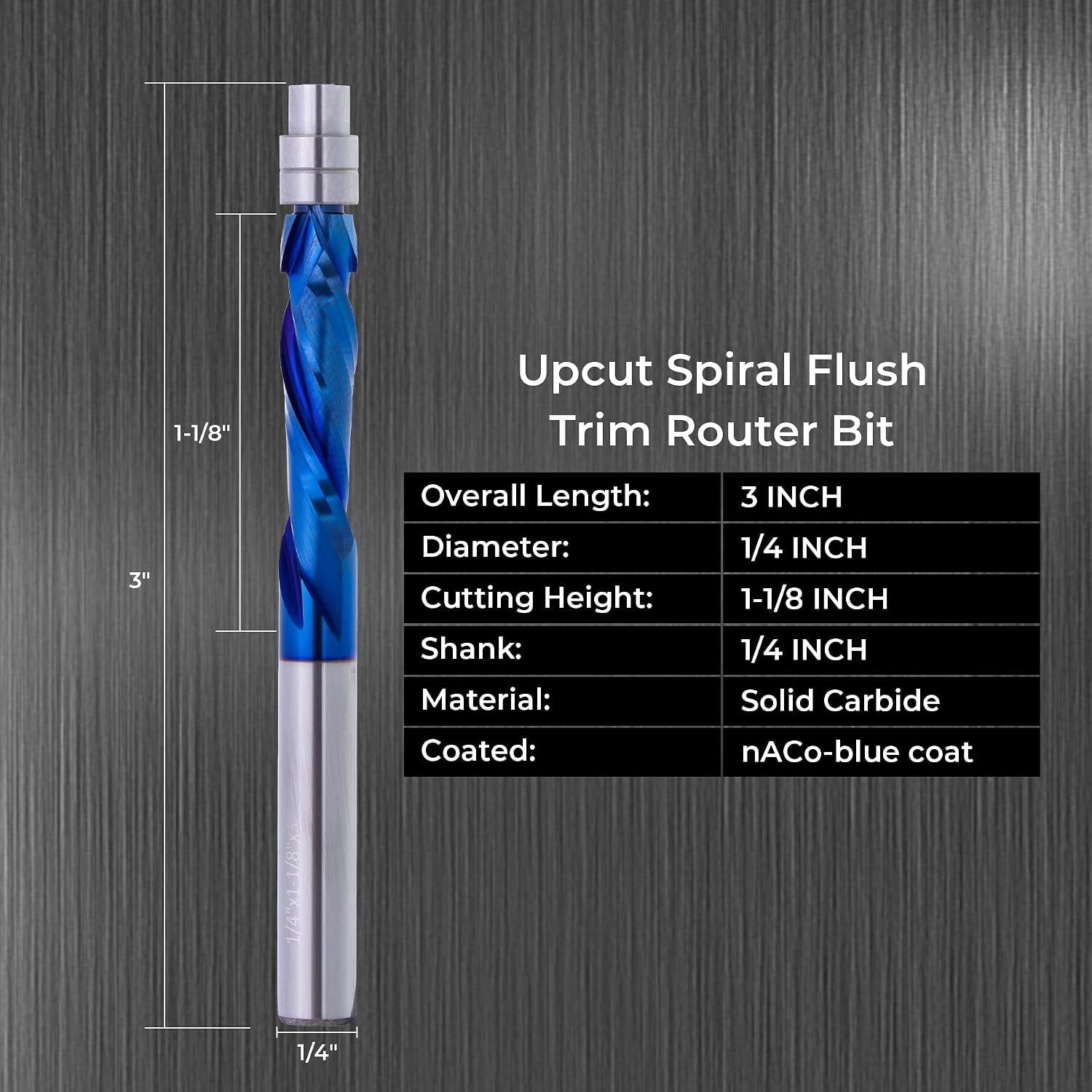 1/4" Shank Spiral Flush Trim Router Bit, 1/4" Dia.1-1/8" Cut Length & 3" OAL, Up&Down Compression Cut Solid Carbide