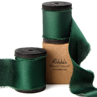 Forest Green Silk Satin Ribbon 1.5 Inch x 12 Yard - Handmade Frayed Chiffon With Wooden Spool for Gift Wrapping