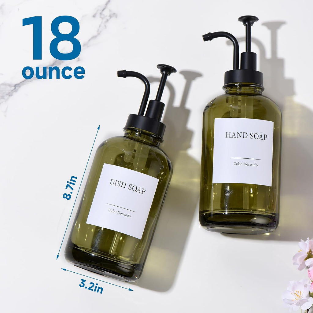 Glass Soap Dispenser with Pump, Dish and Hand Soap Dispenser for Kitchen Bathroom Set, Clear Glass Dispenser Set of 2