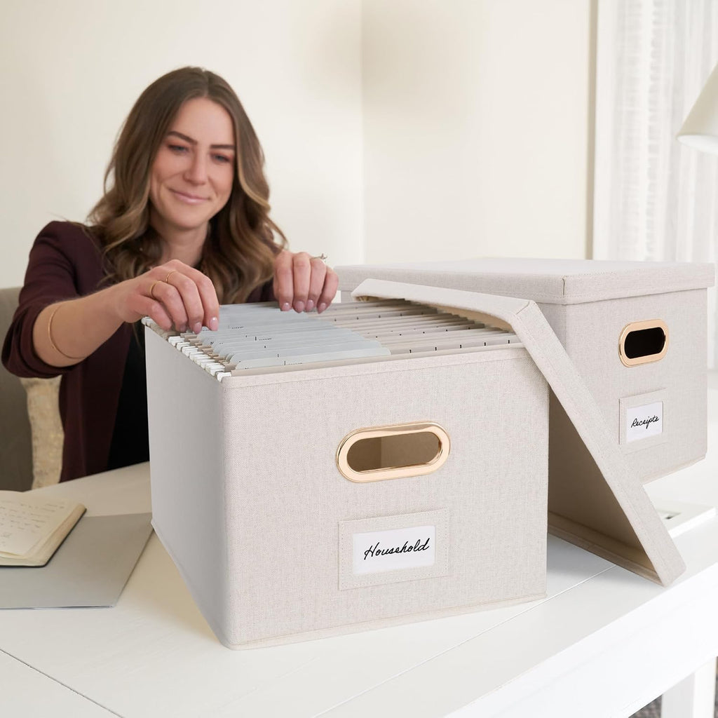 Decorative File Organizer Box Set of 2 - Collapsible Linen Filing Cabinets with Handles Are Perfect to Store All Your