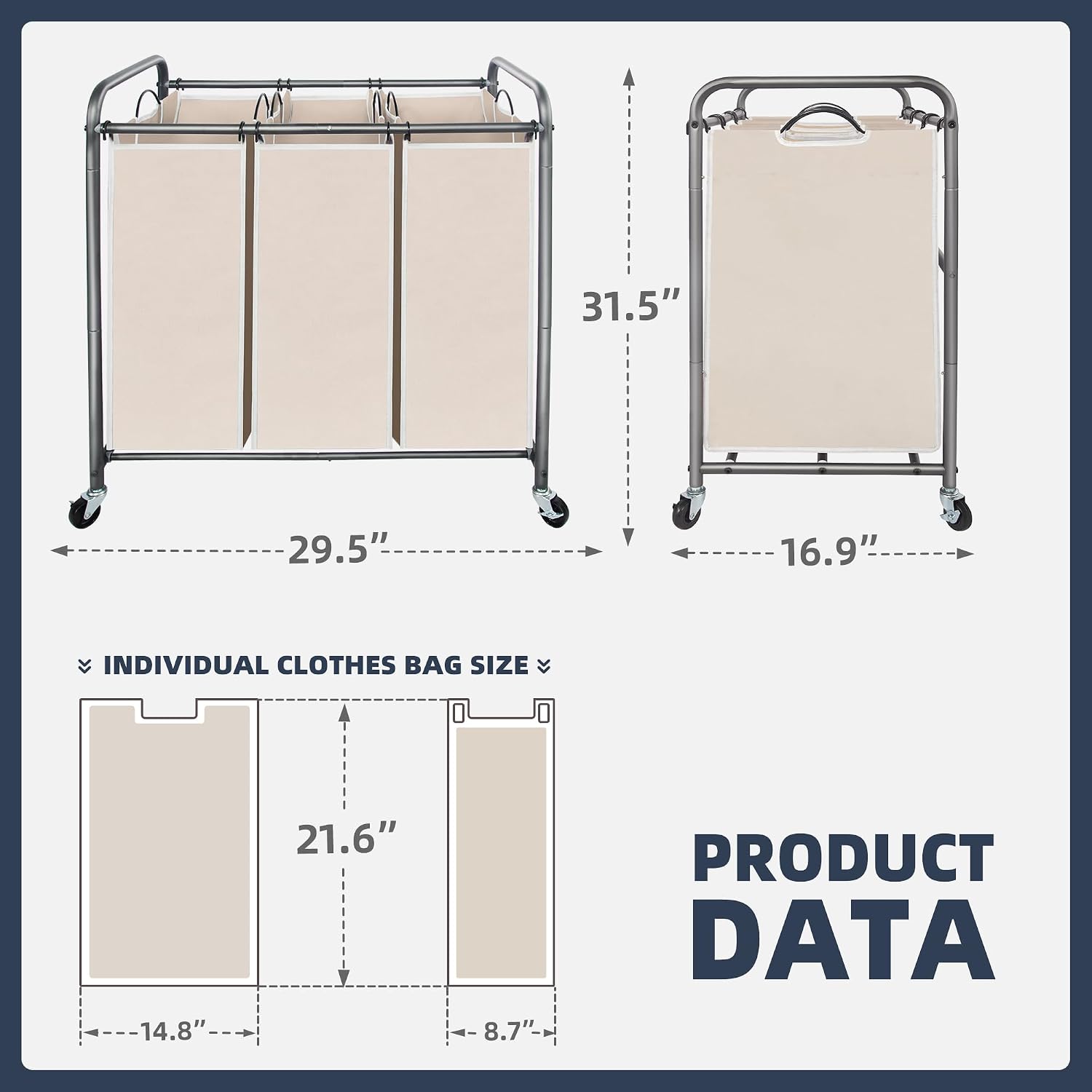 Laundry Sorter 3 Section, 3 Bag Clothes Hamper, Rolling Laundry Cart Basket with Heavy Duty Lockable Wheels and