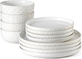 Stoneware Dinnerware Sets Service for 4, 12 pcs Reactive Glaze Plates and Bowls Sets, Embossed Boho Ceramic Dish Set