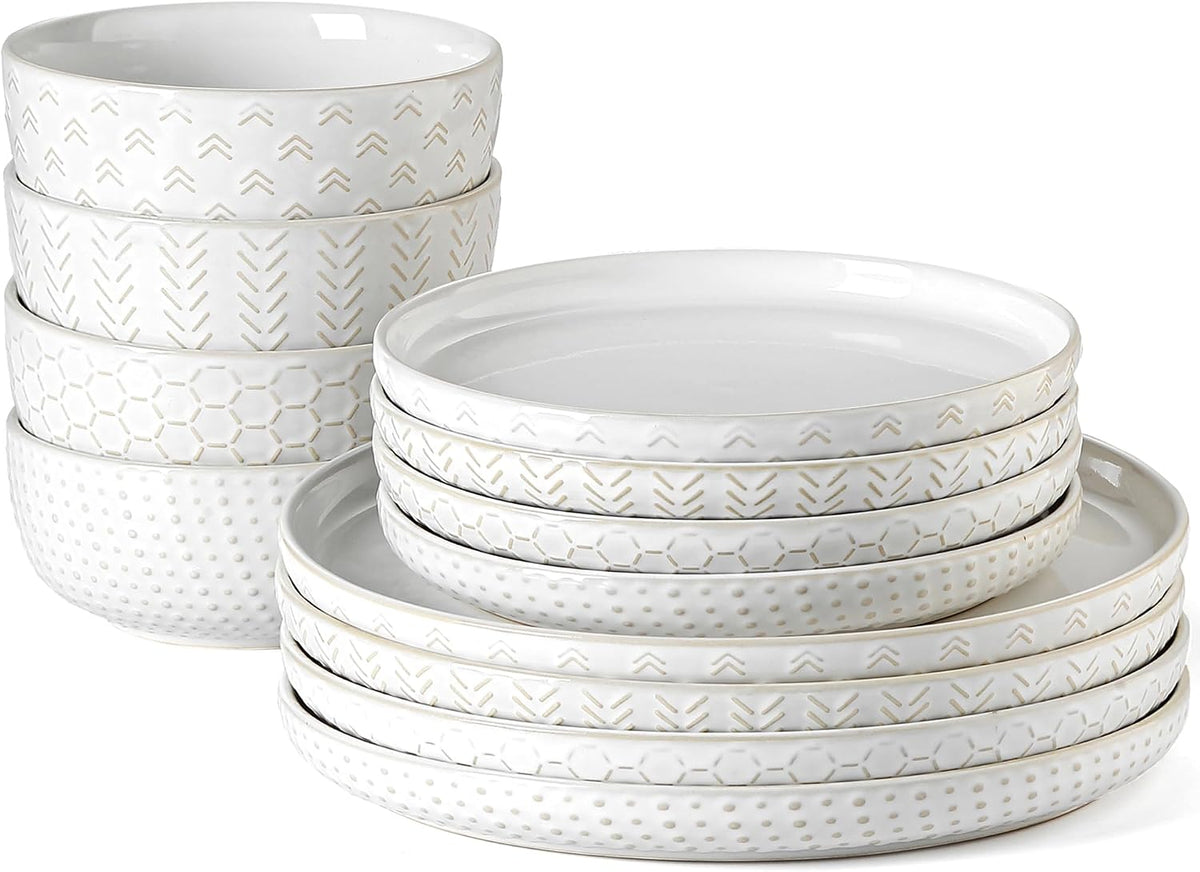 Stoneware Dinnerware Sets Service for 4, 12 pcs Reactive Glaze Plates and Bowls Sets, Embossed Boho Ceramic Dish Set