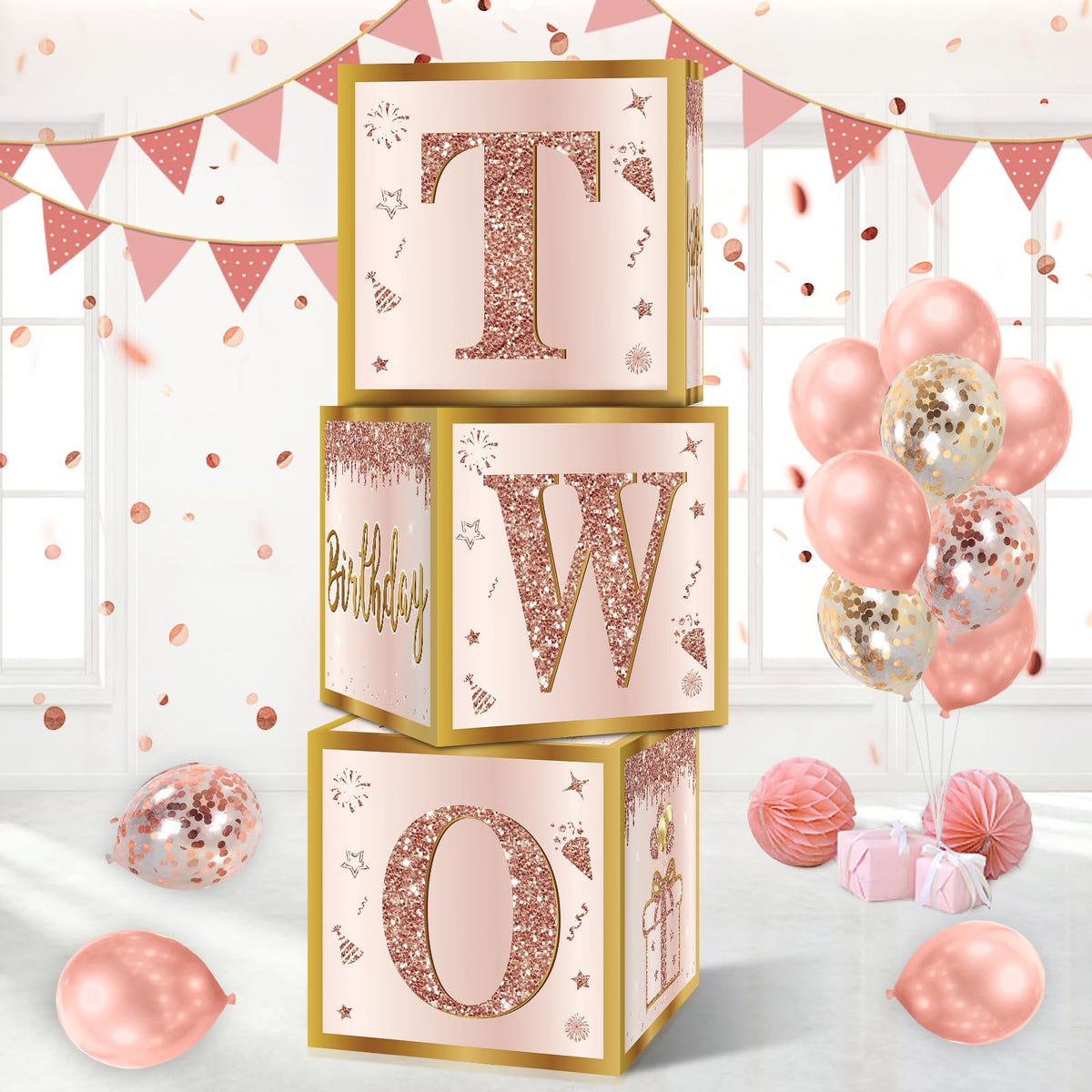3Pcs 2nd Birthday Decorations Balloon Gift Boxes for Girls