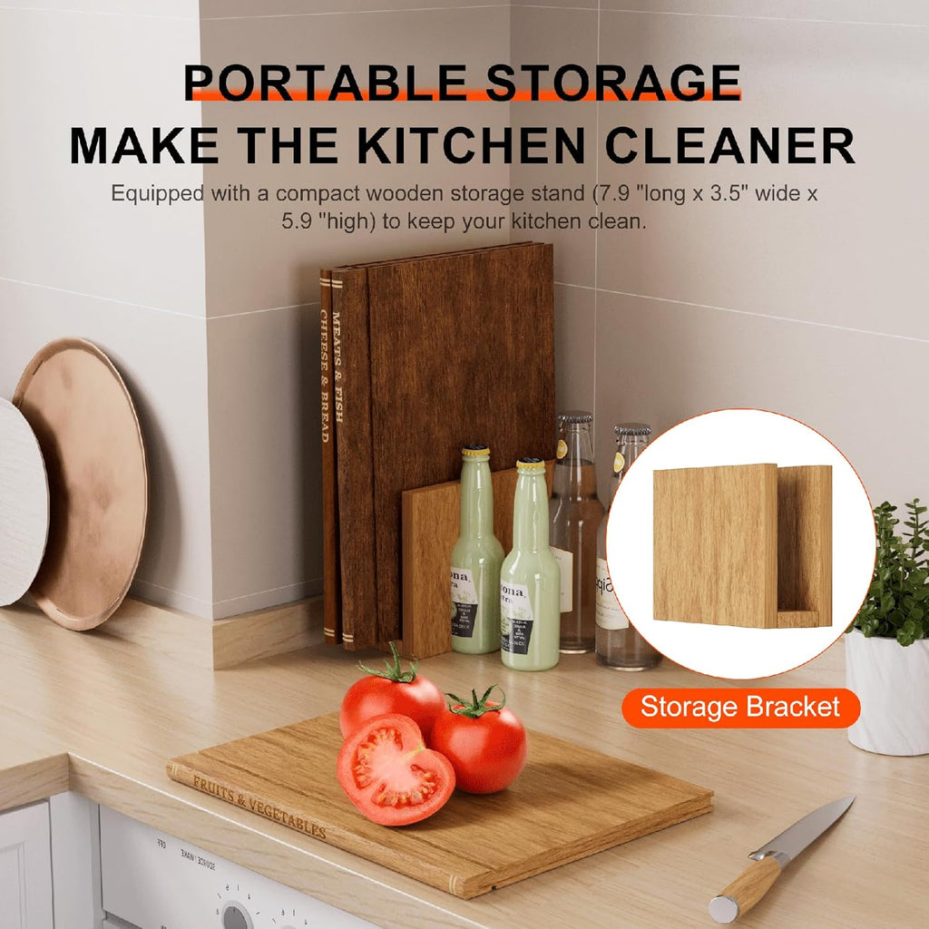 Book Cutting Board Set with Stand, 3-Piece Acacia Wood Boards That Look Like Books, Labeled Wooden Chopping Boards