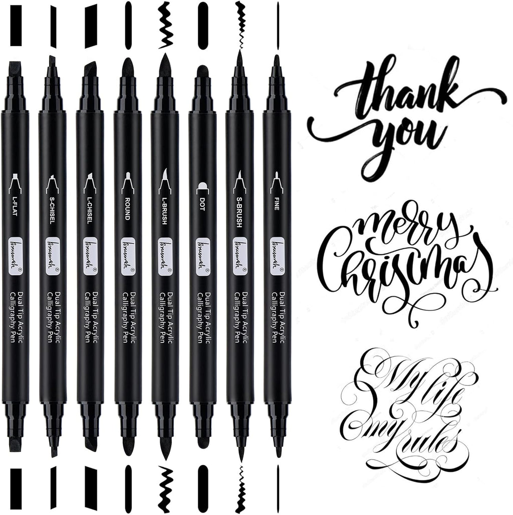 Calligraphy Pens, 8 Size Dual Tip Black Acrylic Calligraphy markers for Writing, Brush Pens Calligraphy Set for