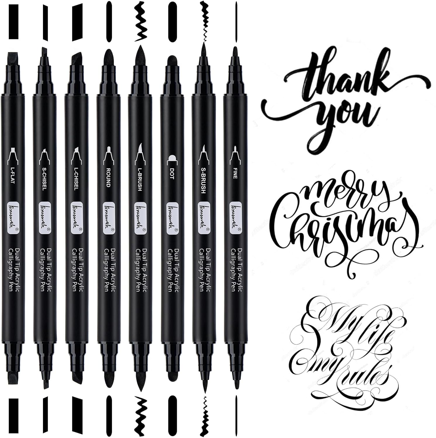 Calligraphy Pens, 8 Size Dual Tip Black Acrylic Calligraphy markers for Writing, Brush Pens Calligraphy Set for