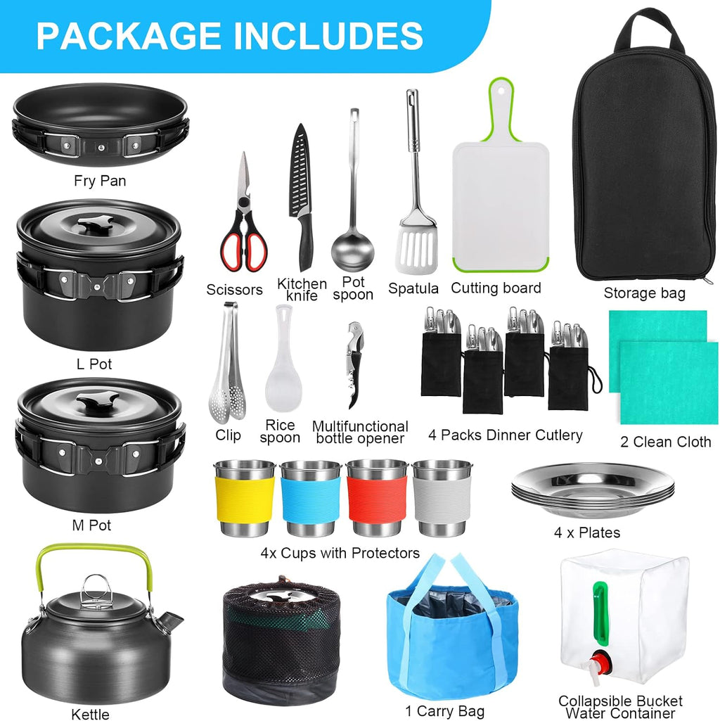 42 Pcs Camping Cookware Mess Kit, Non Stick Lightweight Pots Pan Kettle, Collapsible Water Container and Bucket