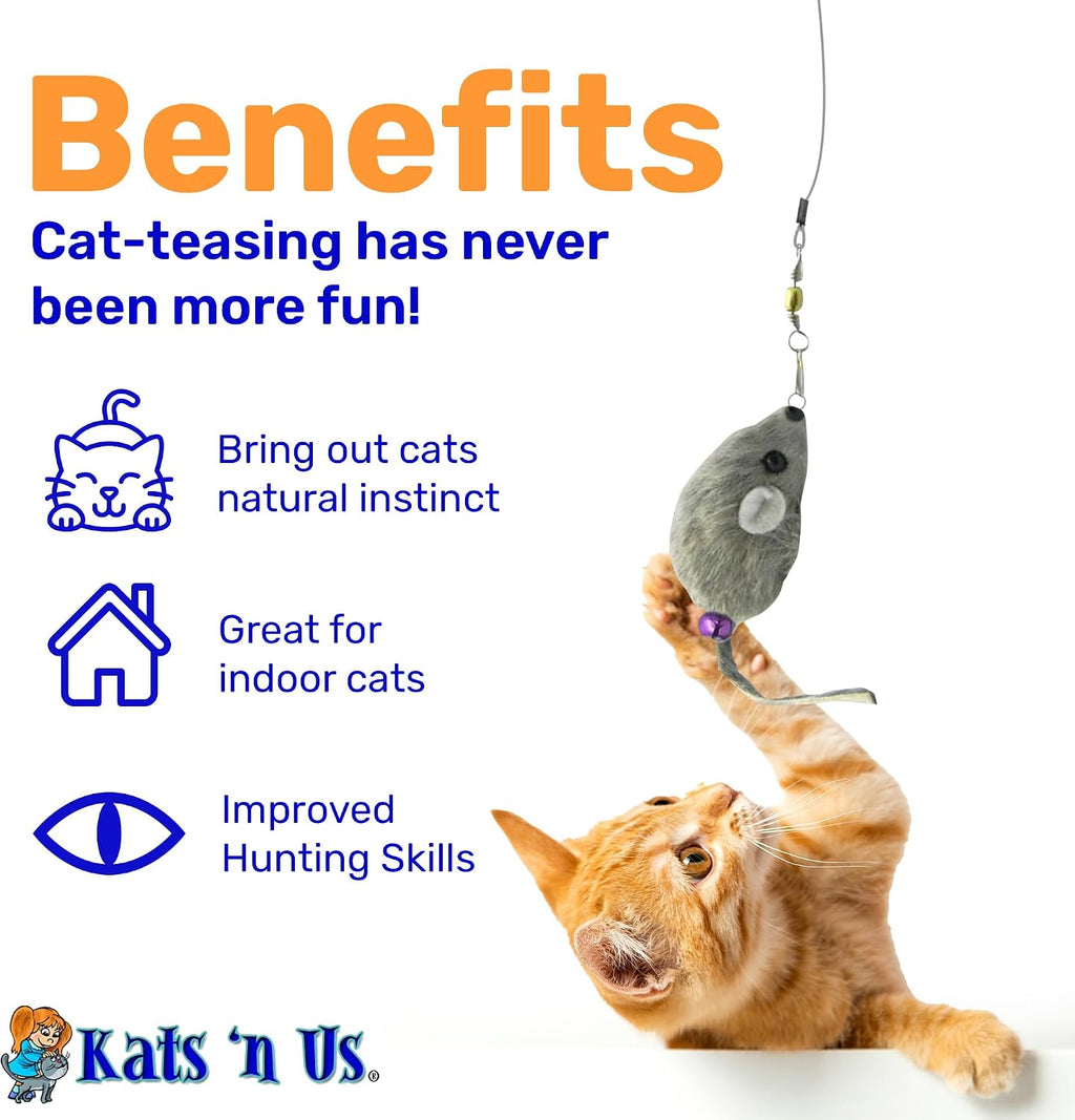 Kats’N US 2 Inch Real Rabbit Fur Handmade Mouse Cat Toy with 19 Inch White Wand - Gray Teaser with Bell, Durable