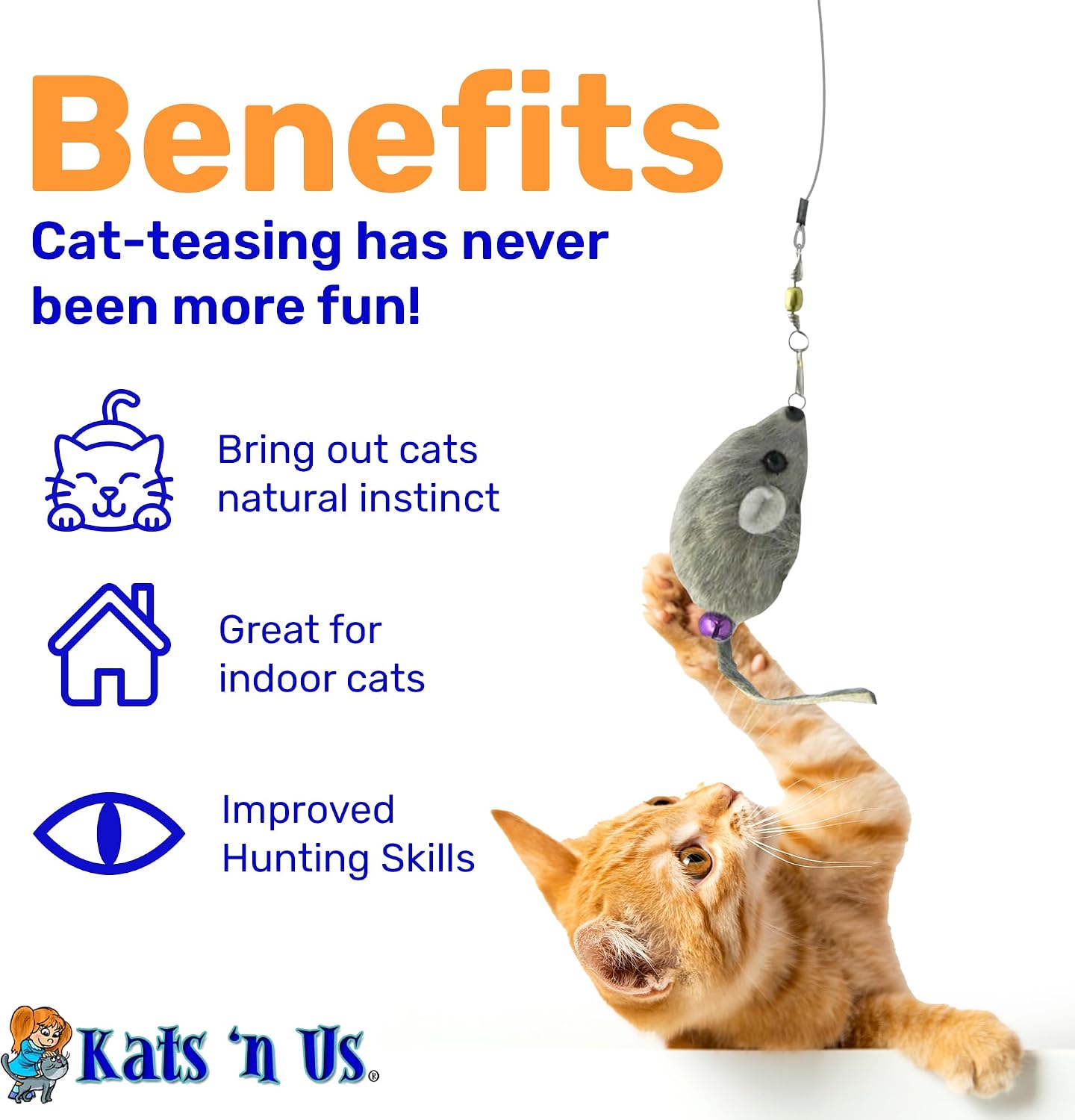 Kats’N US 2 Inch Real Rabbit Fur Handmade Mouse Cat Toy with 19 Inch White Wand - Gray Teaser with Bell, Durable