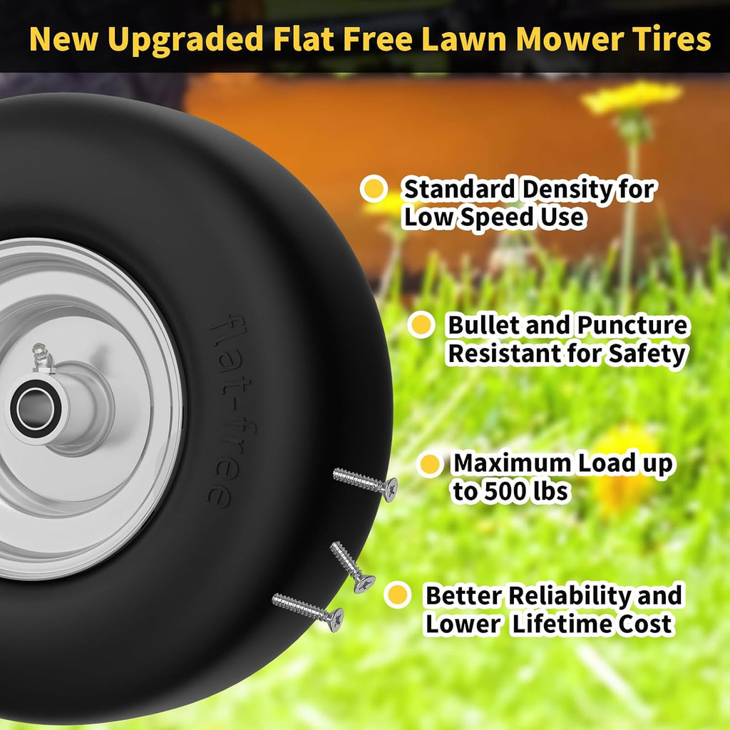 13x6.50-6 Flat Free Lawn Mower Tire and Wheel for Zero Turn Mower | Universal 3/4", 5/8", 1/2" Bearings, 500Lbs Load