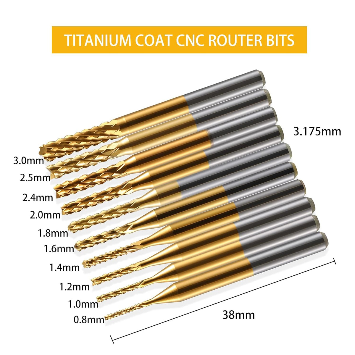 End Mill Sets,10Pcs Titanium Coat Ending Mill,1/8" Shank 0.8-3mm Micro End Mill Engraving Bits CNC Router Bits for Rotary Tools