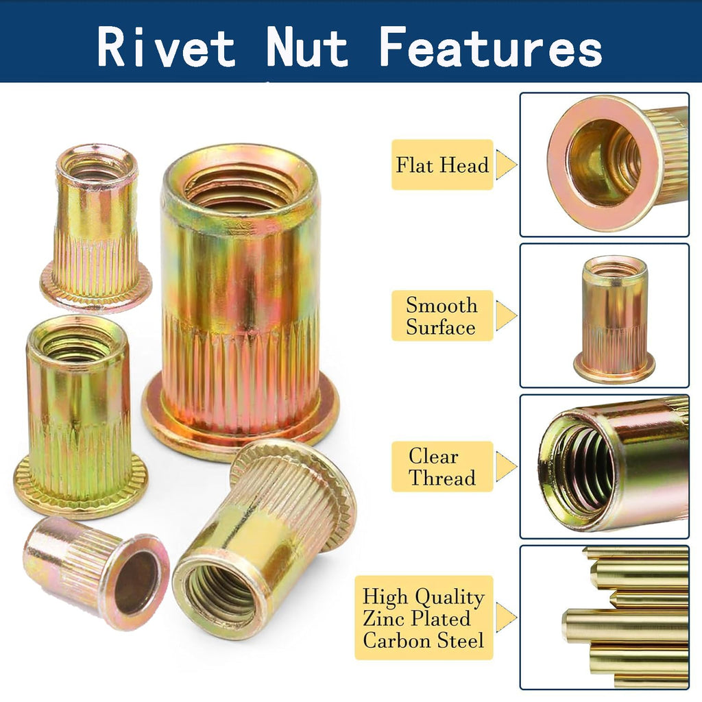 Rivet Nut 1/2"-13UNC 20Pcs Yellow Zinc Plated Finish Flat Head Knurled Body