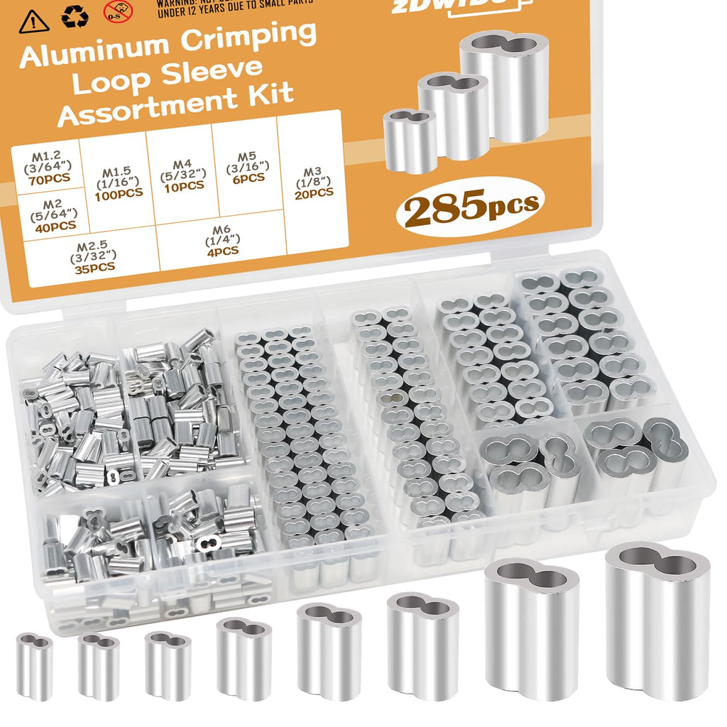 285PCS 8 Sizes Aluminum Crimping Loop Sleeve Cable Crimps, 3/64'' 1/16'' 5/64'' 3/32'' 1/8'' 5/32'' 3/16'' 1/4'' Cable Ferrules Kit DD042