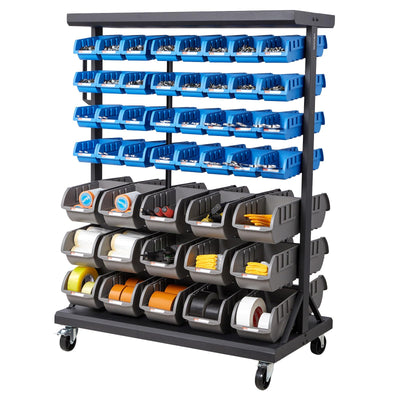 7-Tier Double-Sided Rolling Bin Storage Rack, 94 Plastic Bins, Dual-Sided Parts Organizer with Wheels, Mobile Tool