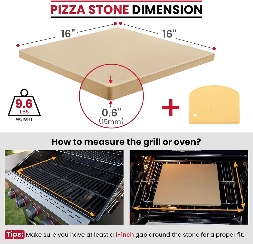 16 x 16 Inch Square Cordierite Pizza Stone for Oven Grill, 9.6 Lbs