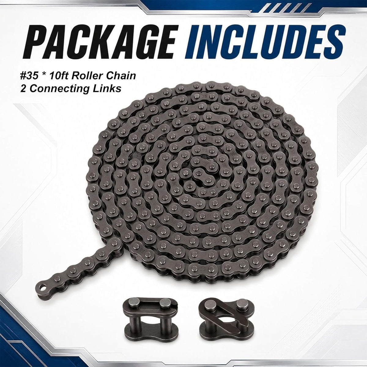 #35 Roller Chain x 10 FT + 2 Connecting Links-320 Links 3/8" Pitch